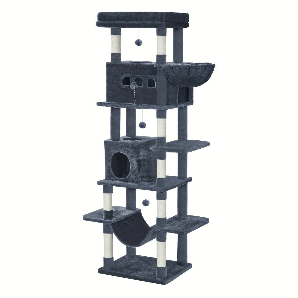 Árbol para gatos extra alto de 210 cm con 8 postes rascadores y 2 cuevas - Muebles para gatos de múltiples niveles de alta resistencia, tapete lavable, hamaca y pelotas de felpa - Torre para gatos grande con base resistente