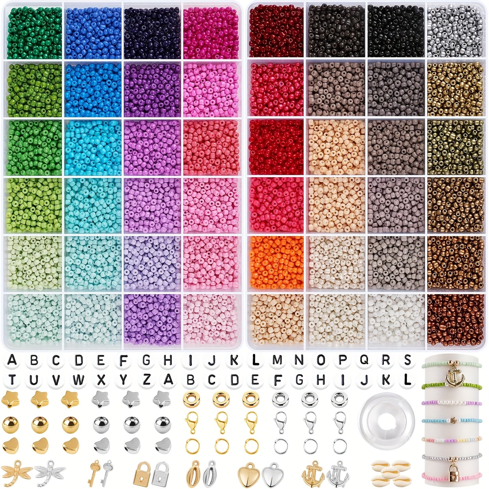 Cuentas de colores de 3 mm, juego de 48 cuentas de colores, 2 cajas, incluidas cuentas con letras, cuentas para ensartar, cuentas para manualidades de bricolaje