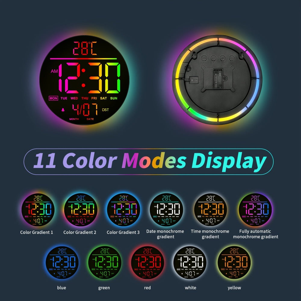 Reloj de pared digital - 25 cm/10 11" RGB, brillo automático, temperatura, fecha y día, horario de verano automático, luz nocturna, sin tictac, reloj de pared eléctrico LED moderno para dormitorio, sala de estar