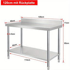 Mesa de trabajo de acero inoxidable con respaldo, mesa de comedor con patas ajustables y mesa de cocina inferior extra grande, capacidad de carga de hasta 250 kg