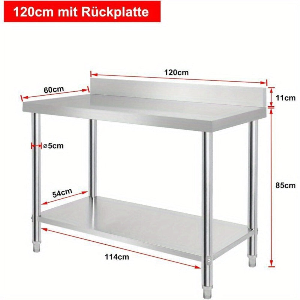 Mesa de trabajo de acero inoxidable con respaldo, mesa de comedor con patas ajustables y mesa de cocina inferior extra grande, capacidad de carga de hasta 250 kg