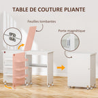 Mesa de costura plegable HOMCOM con tablón abatible, contenedores de almacenamiento, estante abierto y ruedas, gabinete para máquina de coser para sala de estar, oficina, estudio, dimensiones 118 x 40 x 79.5 cm, blanca