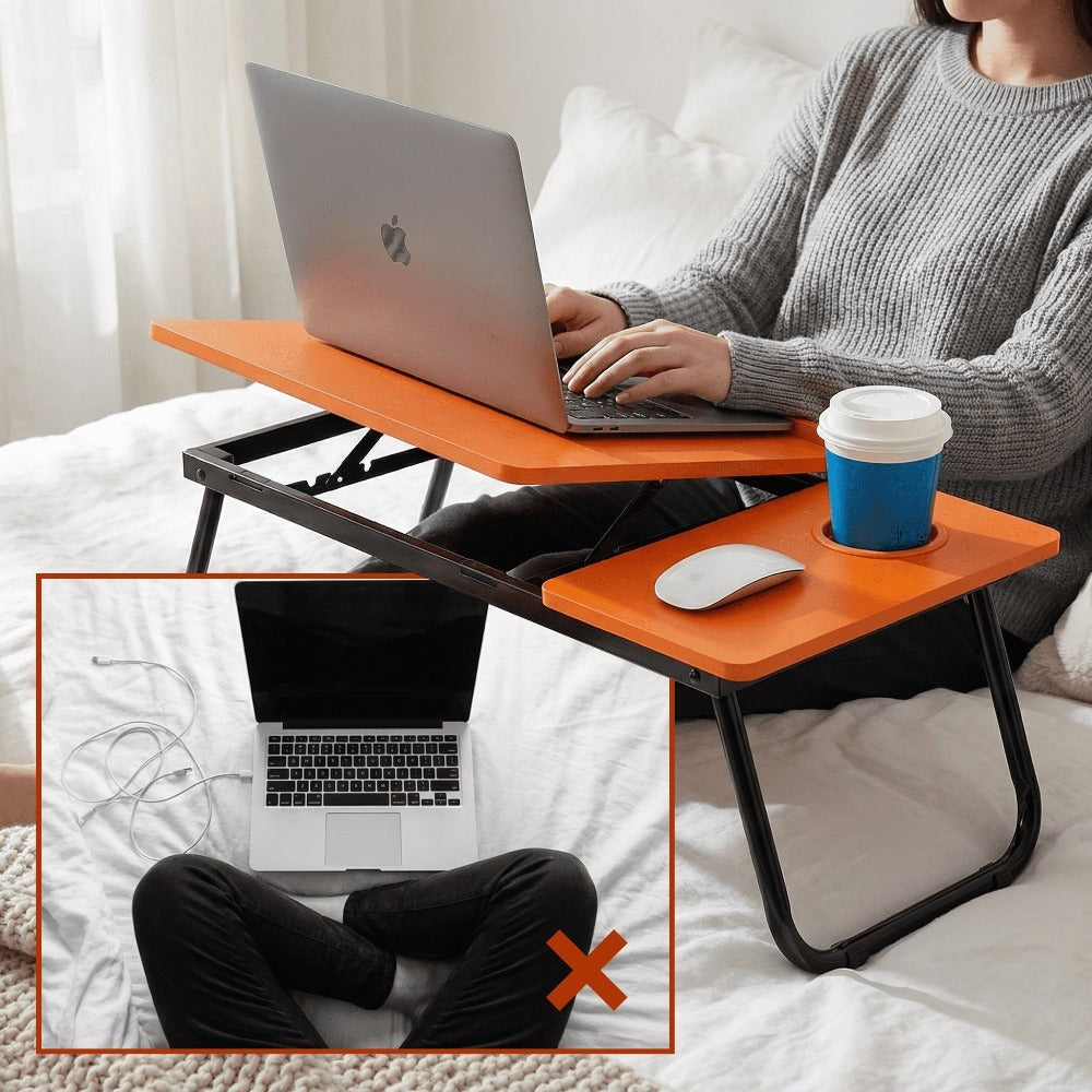 Mesa plegable para cama y sofá con altura ajustable de 5 niveles, bandeja con superficie ajustable y portavasos, mesa pequeña multifunción para ordenador, libros, trabajo y estudio en casa (56x32x25cm)