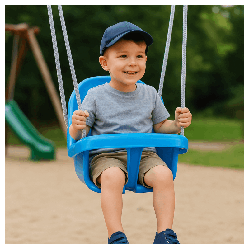 Colgacama tipo cubo para niños con cinturón de seguridad y cuerdas ajustables, asiento con respaldo alto y protección lateral, polipropileno duradero resistente a las condiciones climáticas y radiación UV, colgacama fácil de limpiar para el jardín, terraz