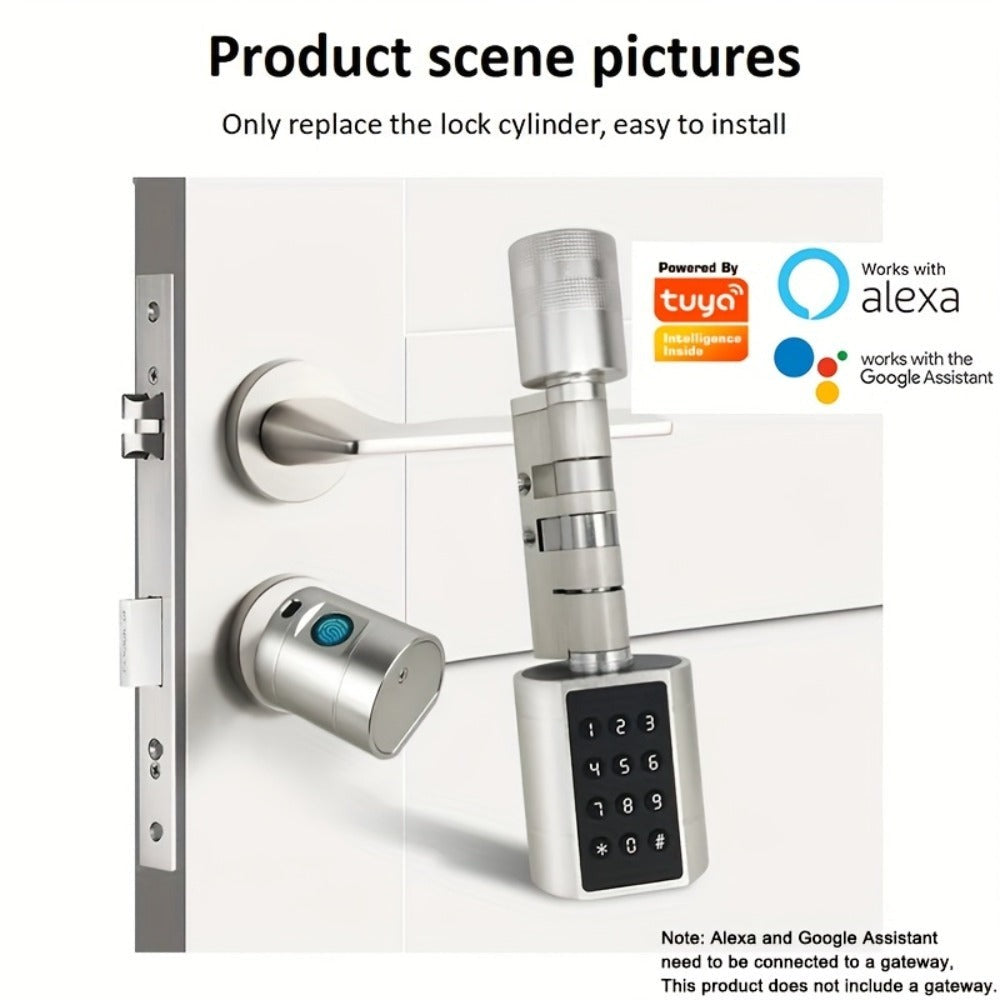 Cerradura Inteligente Cilindro Compatible para Oficina - Sistema de Desbloqueo 5 en 1 con Huella/Llave/Tarjeta/Contraseña/Control por App Tuya, Adecuada para Puertas y Sistemas de Entrada
