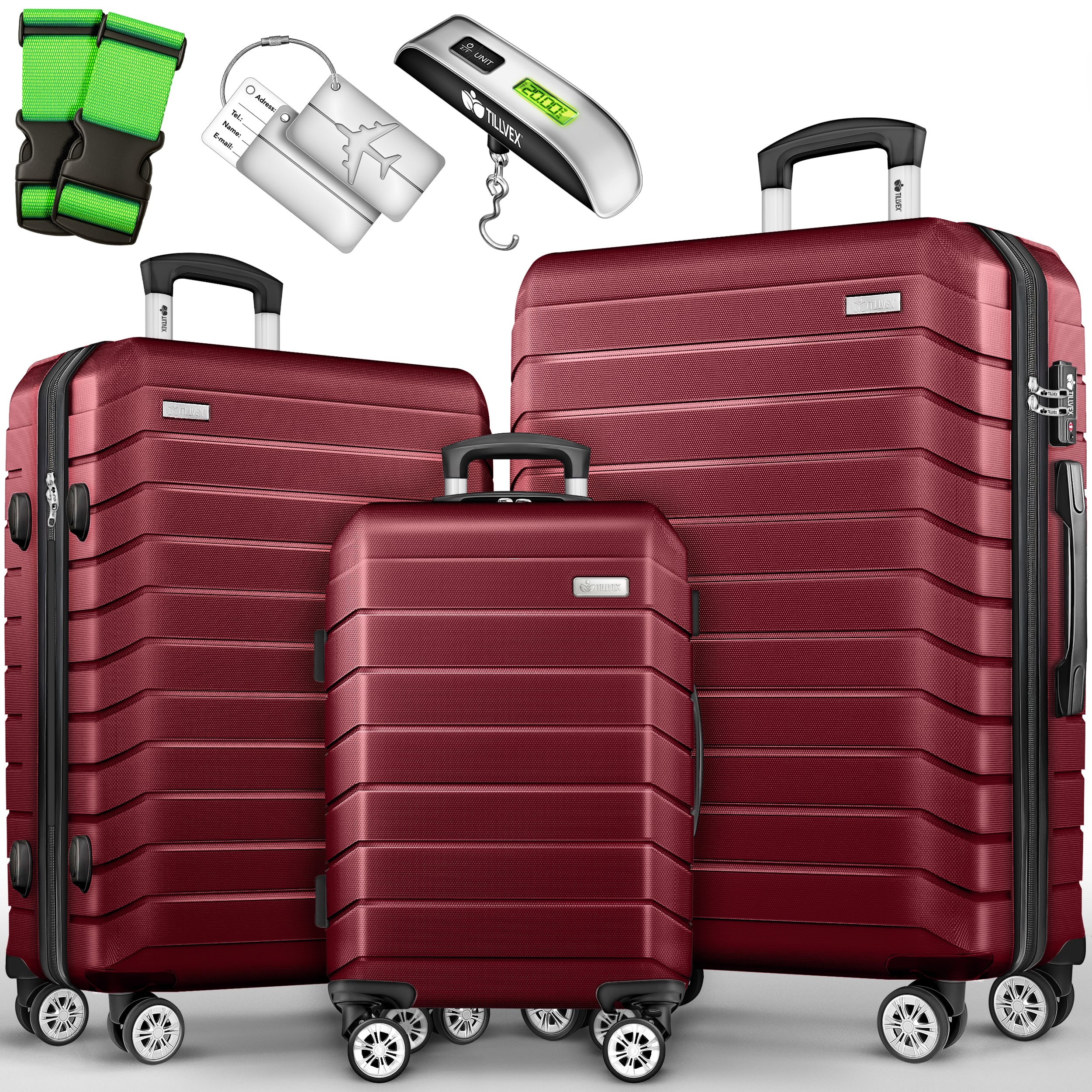 Tillvex® Juego de Equipaje de Viaje con Báscula, Correas y Etiquetas | Maleta de 4 Ruedas | Equipaje con Candado TSA | Juego de Maletas de Carcasa Dura