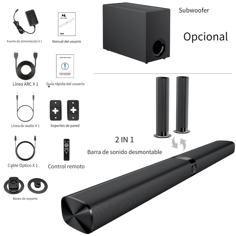 Barra de sonido con subwoofer, barra de sonido para Smart TV, con graves profundos, aumento de volumen y 3 modos de ecualizador, conexión inalámbrica/ARC/óptica/AUX, barra de sonido desmontable con control remoto por infrarrojos