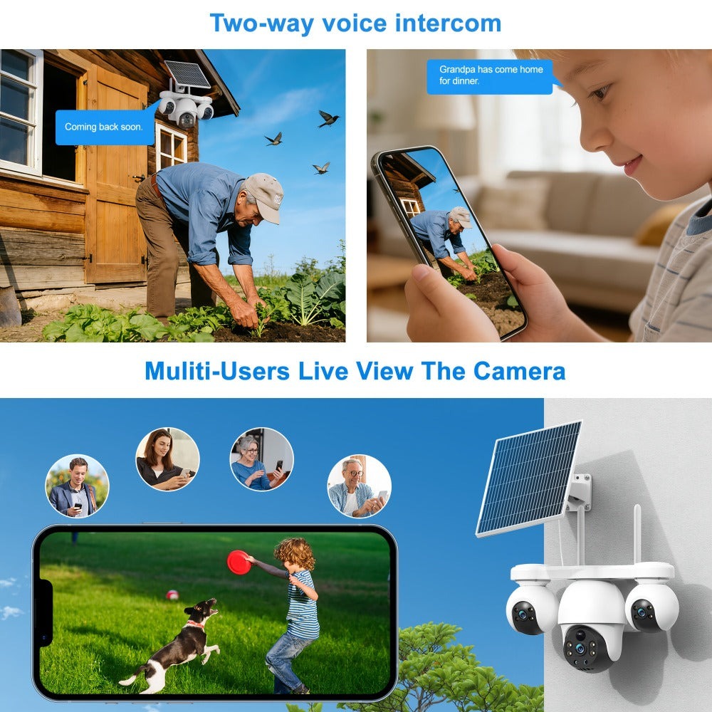 Cámara de seguridad exterior de 8MP con sistema PTZ de triple lente, /inclinación de 355°, detección humana PIR, audio bidireccional, visión nocturna a todo color, cámara WiFi adecuada para vigilancia empresarial, aplicación y notificaciones de alarma