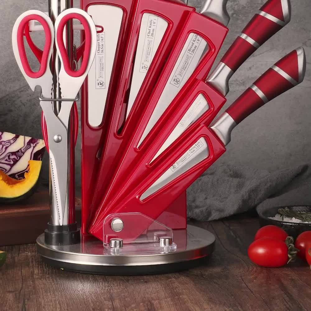 Juego de cuchillos de cocina | Juego de 9 cuchillos de cocina con soporte, cuchillos de acero inoxidable, resistentes y duraderos, juego de