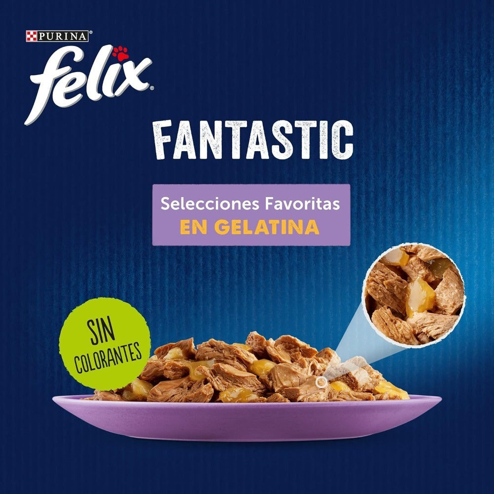 Paquete Ahorro Felix Fantastic Selecciones Favoritas en Gelatina de Pollo, Buey, Salmón y Atún