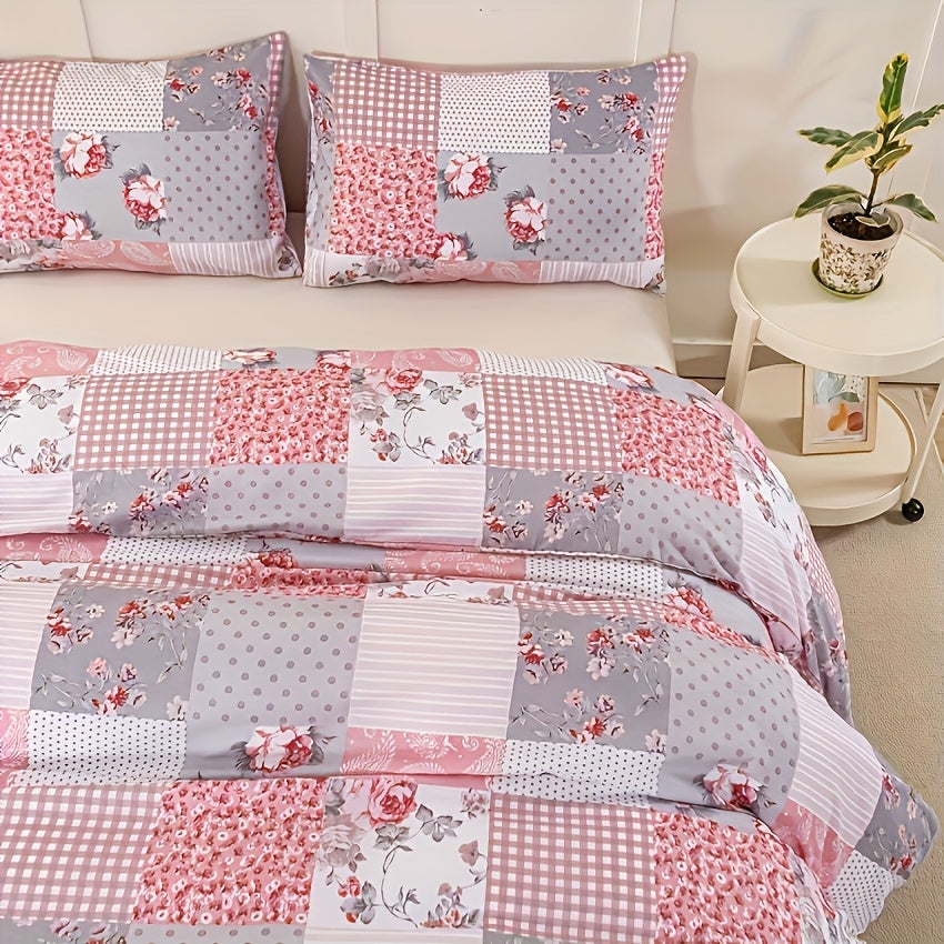 Juego de funda nórdica con estampado floral rosa claro tipo patchwork, 3 piezas