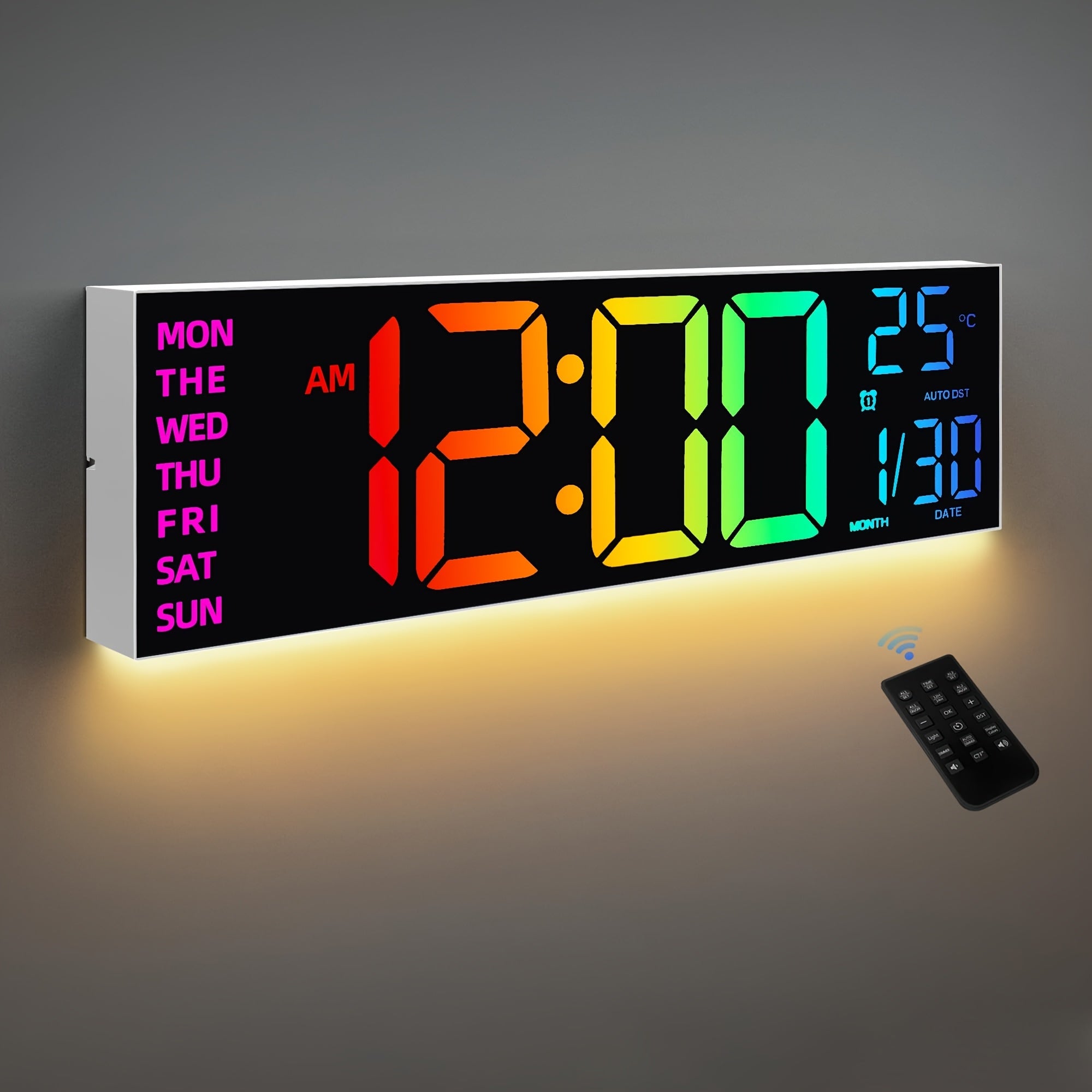 Reloj de pared digital grande de 41.91 cm con control remoto, gran pantalla LED/doble alarma/8 colores RGB/brillo automático/fecha/horario de verano automático/temperatura/luz nocturna, relojes de gimnasio para sala de estar, dormitorio, oficina, decoraci