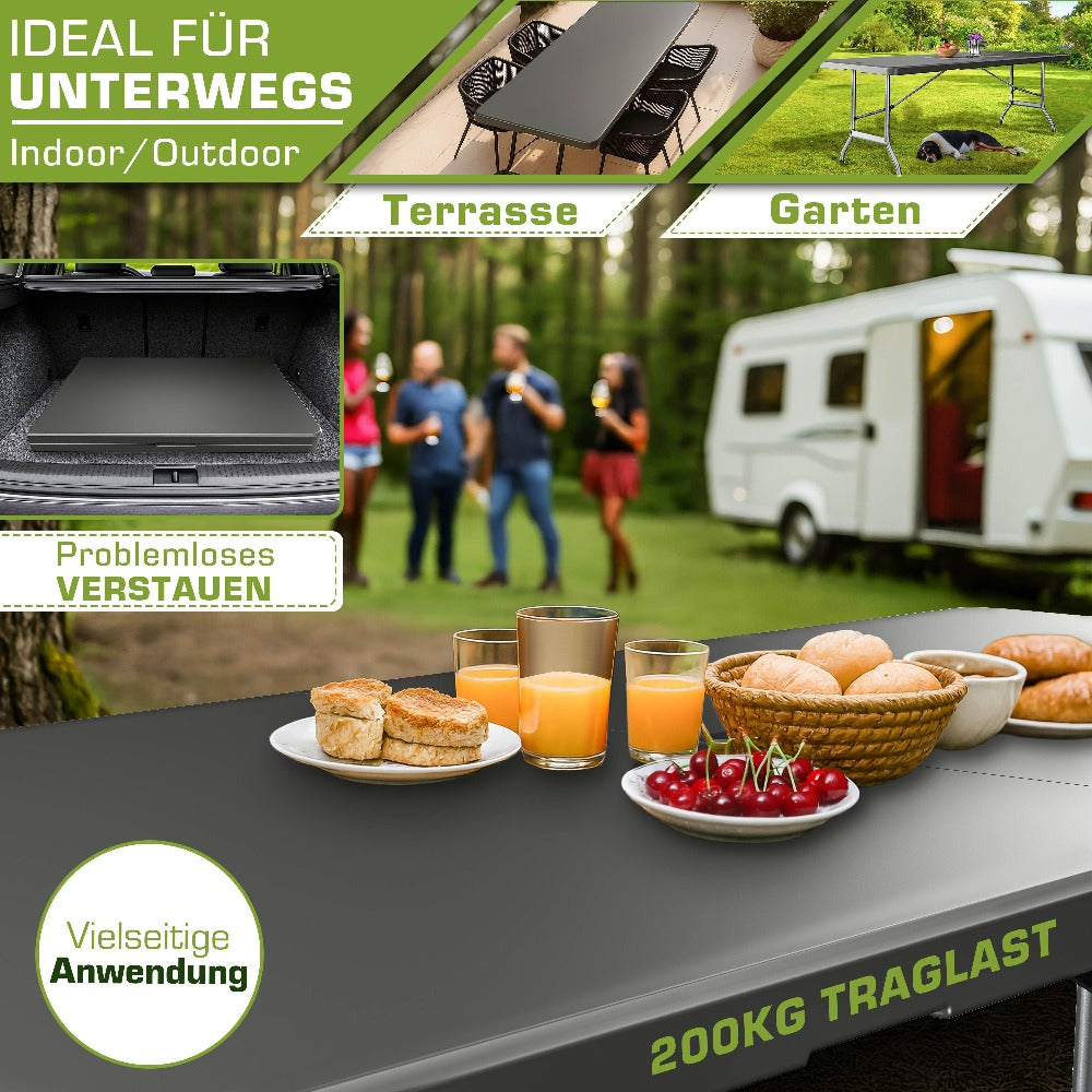 Mesa de Jardín Plegable Tillvex® 220x70 cm, Plástico | Mesa Buffet para 10 Personas con Asa de Transporte | Mesa de Camping Impermeable para Uso Exterior en Jardín, Terraza y Balcón