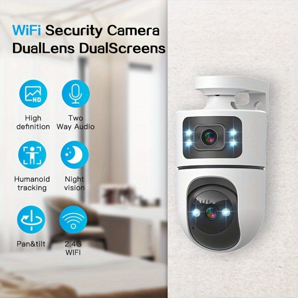 Cámara IP Inalámbrica de Doble Lente, Cámara de Seguridad PTZ para Exteriores con WiFi 2.4G, Pantalla Dual, Seguimiento Automático, Visión Nocturna, Audio Bidireccional, Detección de Movimiento para Seguridad en Hogar, Calle y Monitoreo