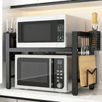 Estante de microondas expandible de metal resistente de 2/3 niveles con 6 ganchos, estante para condimentos, estante de almacenamiento, estante de almacenamiento de cocina ajustable que ahorra espacio, organizador de encimera, estante resistente sobre el