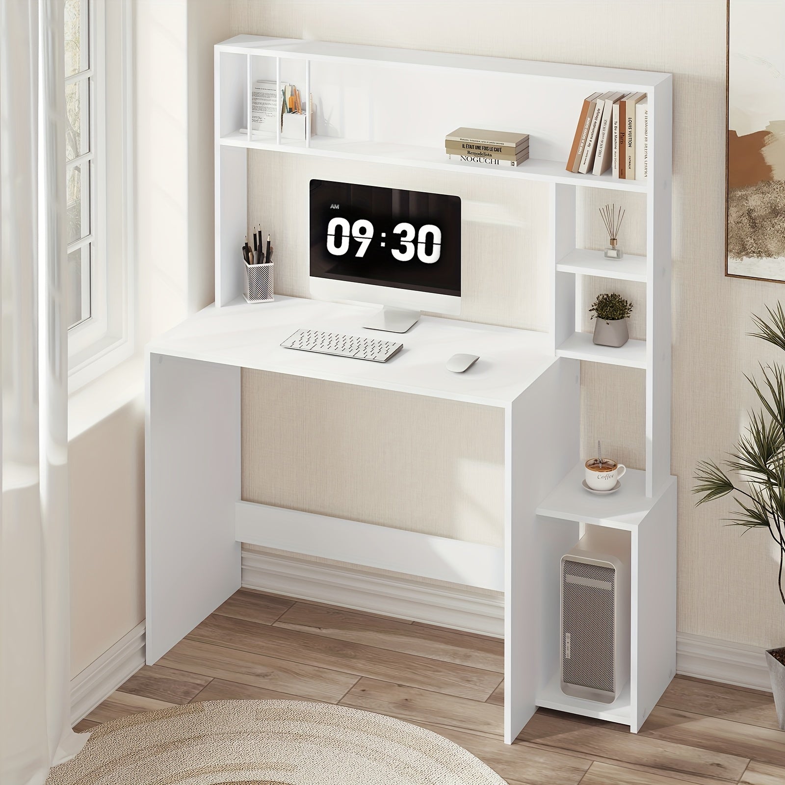 Escritorio | 1pc Escritorio de Oficina, Mesa para Computadora con Estantes, Estantería de 5 Niveles, Roble Blanco, Mesa de Juegos con Espacio de
