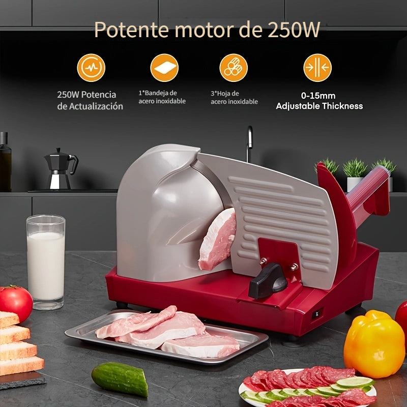 Rebanadora eléctrica multiusos, rebanadora de acero inoxidable, 3 cuchillas, rebanadora de pan, procesador de alimentos ajustable de 0 a 15 mm, rebanadora de salchichas, cortadora de jamón para carne, queso, pan, etc., cuchillo eléctrico, rojo