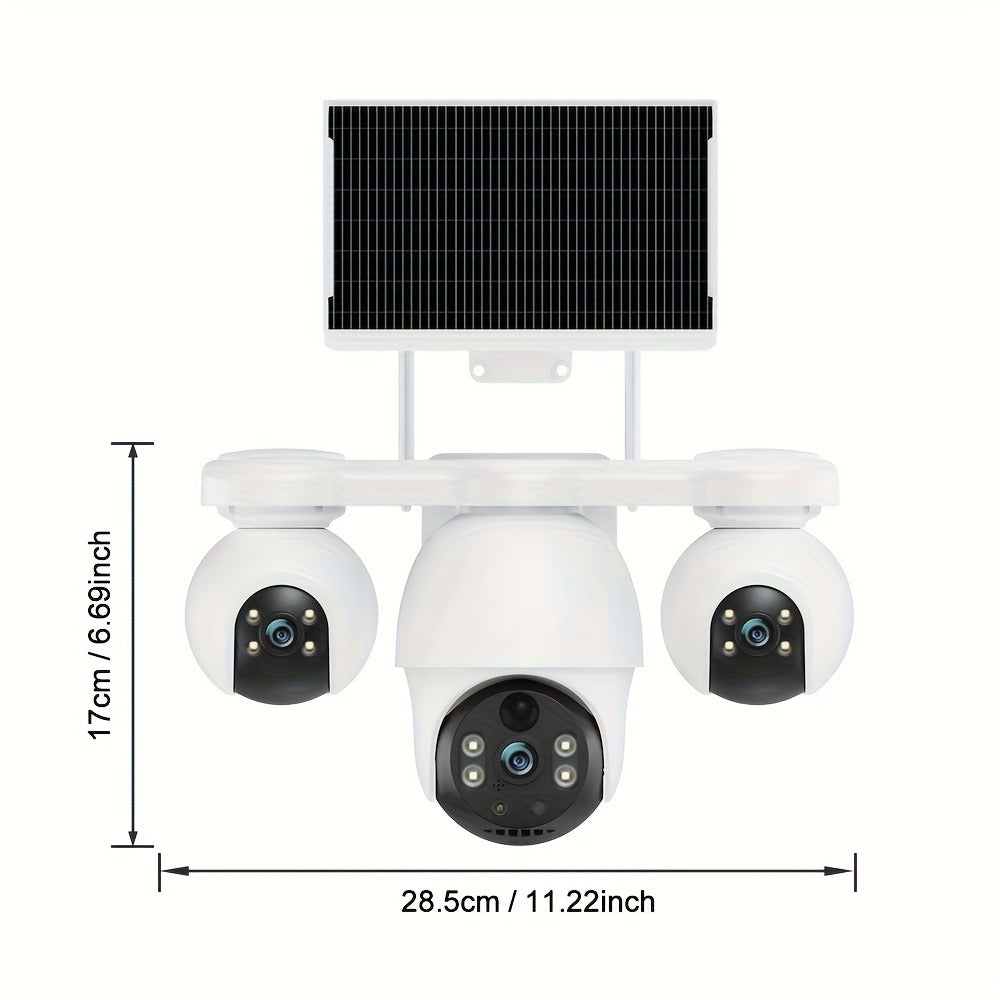 Cámara de seguridad solar para exteriores de tres lentes con rotación panorámica/inclinable PTZ 360°, seguimiento de movimiento humano PIR, visión nocturna a todo color, comunicación bidireccional, notificaciones push de alarma, tarjeta SIM incorporada y