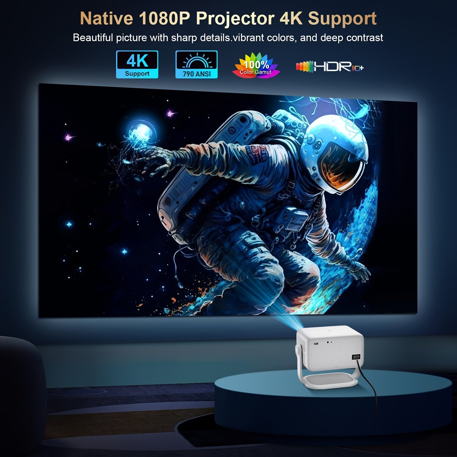 Proyector | Proyector Inteligente Local Android 14 con Soporte 4K 1080P, Wifi6 y BT 5.2, Proyectores de Interior con Enfoque Automático