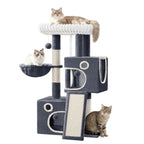 Un árbol para gatos compacto que mide 98 cm, con un diseño amplio y resistente, una gran plataforma suave, una pelota de felpa, una cueva acogedora, un rascador y una tabla rascadora