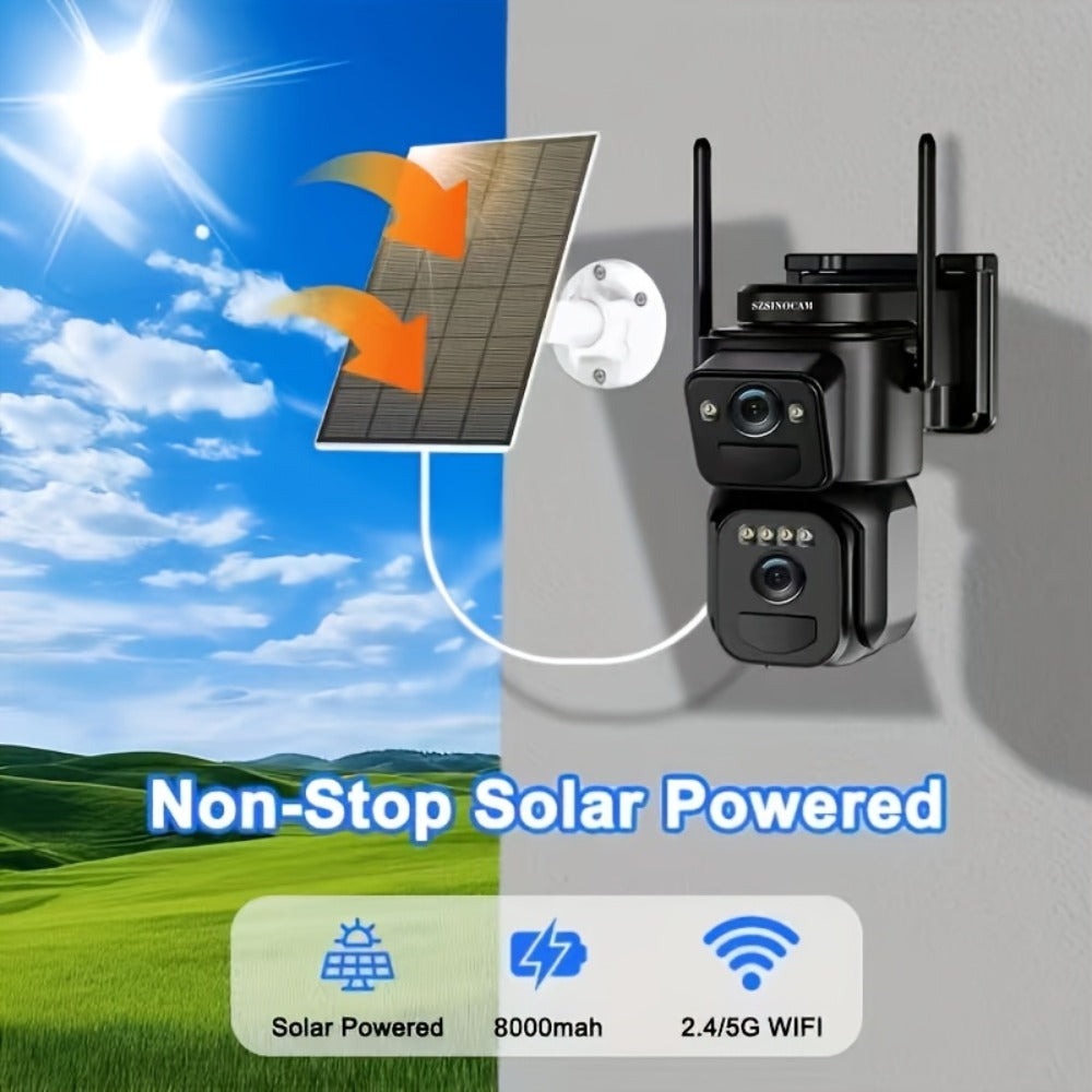 SZSINOCAM [Zoom 10x] Cámara CCTV WiFi 2K QHD de 360 grados con batería de panel solar de bajo consumo, alarma con foco, detección de movimiento, visión nocturna a color, audio bidireccional, un dispositivo = dos cámaras (cámara solar tipo bala + cámara so
