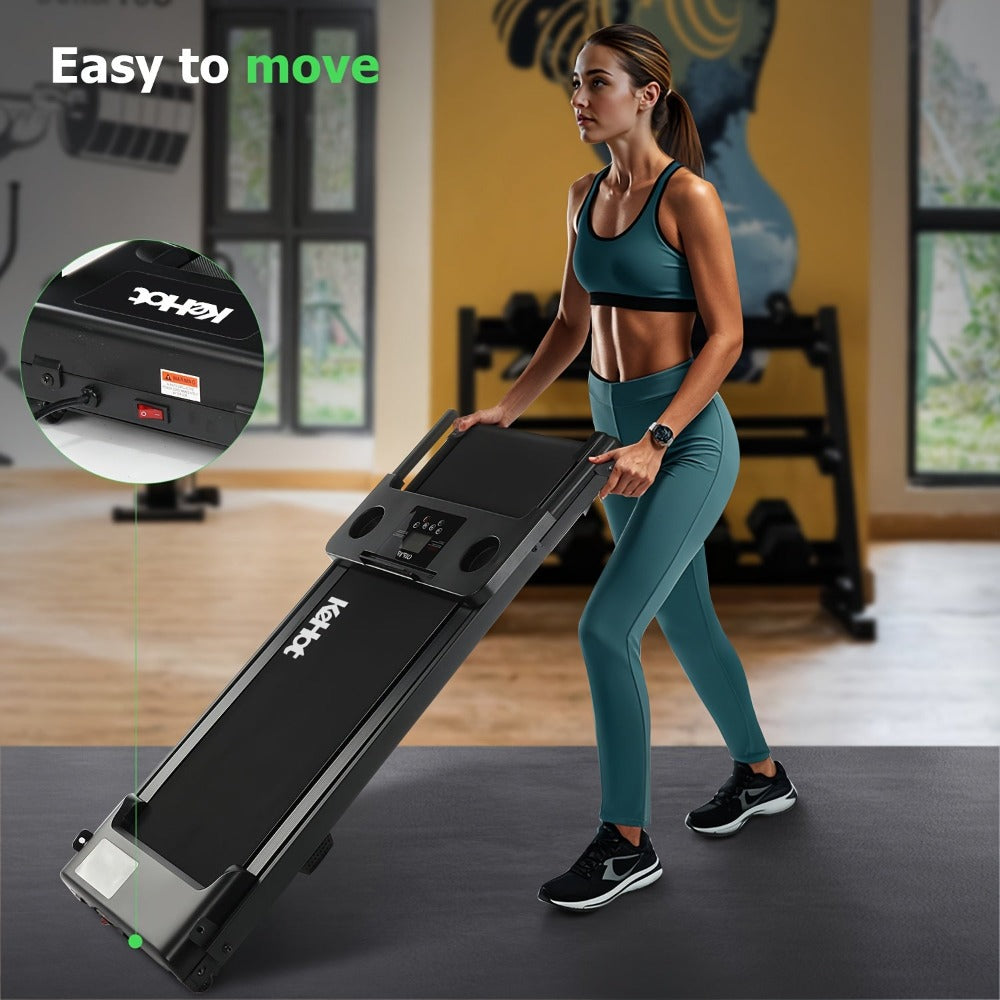 Cinta de correr plegable 2 en 1 con motor de CC de pico de 2.0 HP, velocidad ajustable de 1-12 km/h, panel de 4 pantallas LED con altavoces integrados, 12 programas preestablecidos + 3 modos de entrenamiento, equipo de fitness compacto para el hogar para