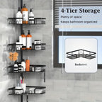 Estante de esquina para baño de 4 niveles a prueba de óxido, caja de almacenamiento para bañera para accesorios de champú, de pie ajustable, estante de almacenamiento para baño a prueba de óxido con barra de tensión, adecuado para artículos esenciales de
