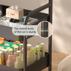 Un estante de almacenamiento con ruedas, estante superior de madera maciza, carrito de cocina, hecho de acero al carbono, resistente y duradero, para almacenar estantes de cocina, con un diseño vertical en capas, adecuado para el almacenamiento en dormito