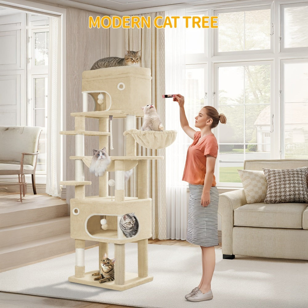 Rascador para Gatos, Árbol de 178 cm con Plataforma Grande, 2 Cuevas, 7 Postes Rascaresos, Pompones, Reposaderos y Hamaca, Adecuado para Todas las Razas de Gato, Gris Claro