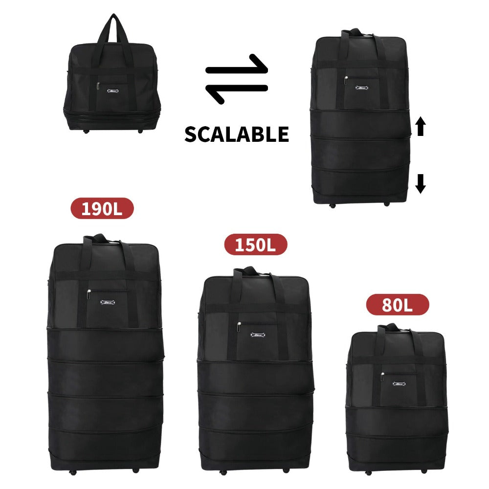 Bolsa de viaje de tela duradera diseñada para flexibilidad con espacio expandible. Viene con ruedas suaves y asas reforzadas para un transporte versátil. Incluye un práctico bolsillo frontal. Disponible en 3 tamaños, perfecta para todas tus necesidades de