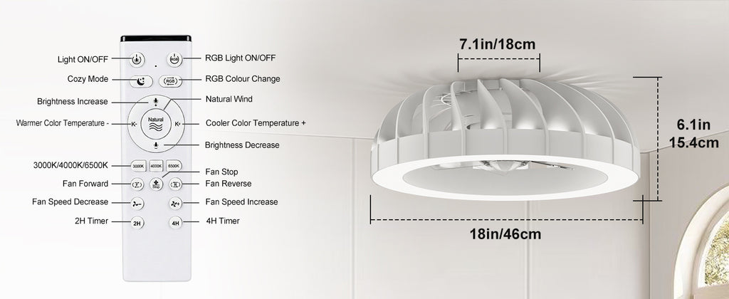 Ventilador de techo Ateroll con iluminación, diámetro 46 cm, ventilador de techo RGB con luz y control remoto, 6 niveles de viento, 3000 K - 6500 K, LED regulable, temporizador silencioso, luz de techo con ventilador para dormitorio, sala de estar