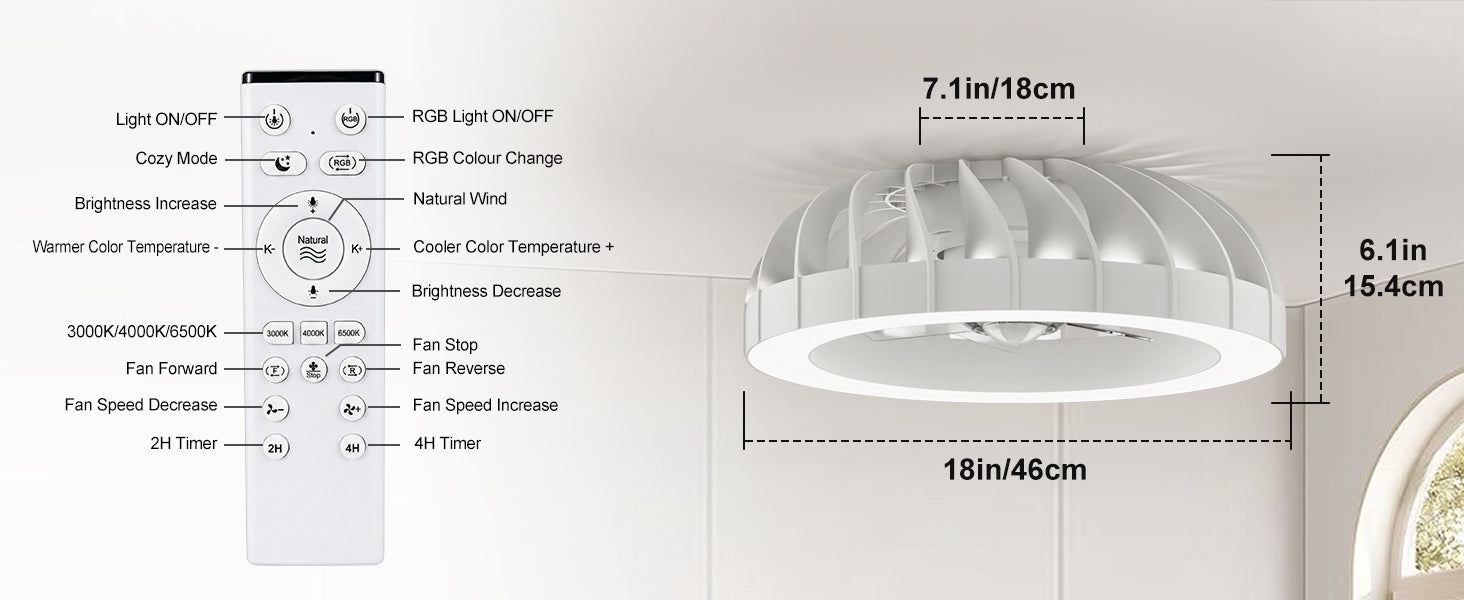 Ventilador de techo Ateroll con iluminación, diámetro 46 cm, ventilador de techo RGB con luz y control remoto, 6 niveles de viento, 3000 K - 6500 K, LED regulable, temporizador silencioso, luz de techo con ventilador para dormitorio, sala de estar