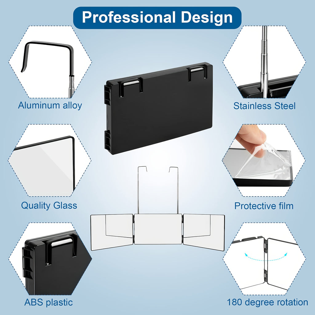 Espejo de tocador plegable de 3 secciones, vista ajustable de 360 grados, ganchos telescópicos, vidrio templado de 30X19 cm, marco de ABS, portátil y plegable para corte de pelo, peinado, afeitado