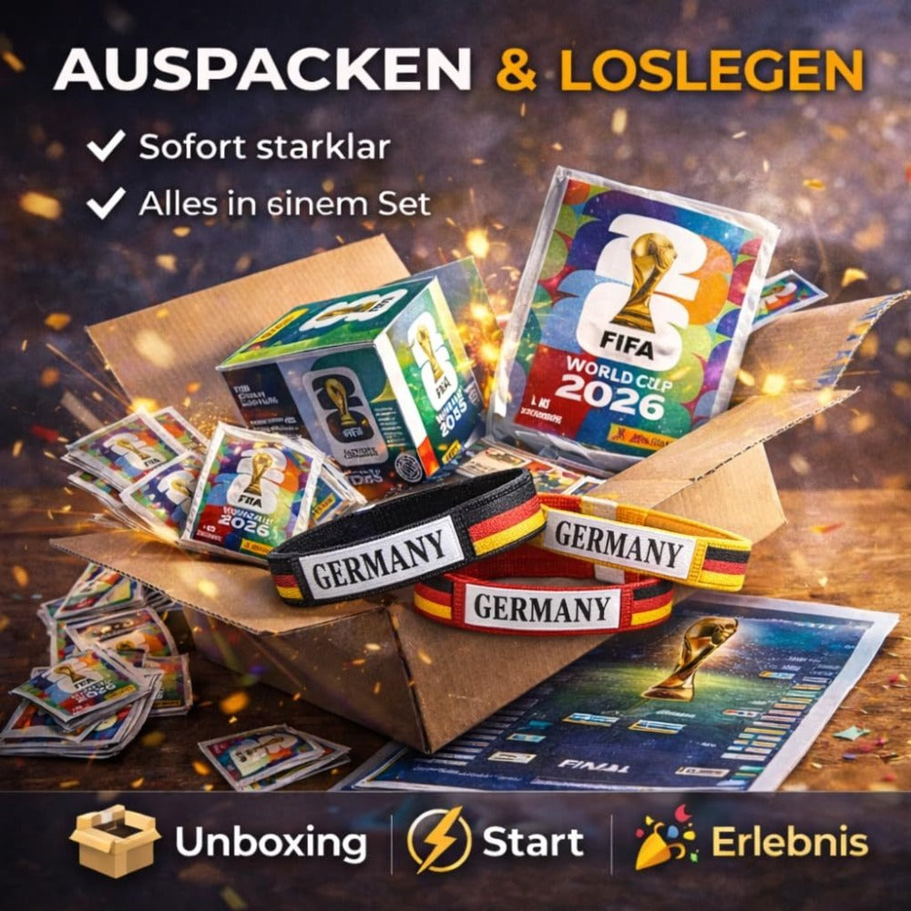 Set de coleccionista TK XXL Copa del Mundo 2026 – Álbum de pegatinas Panini con pegatinas, calendario de partidos y 3 pulseras de Alemania