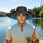 Sombrero abanico con protección solar UPF y sistema de enfriamiento USB, ala ancha para exteriores, apto para pesca, senderismo, escalada, con batería para uso prolongado en clima caluroso