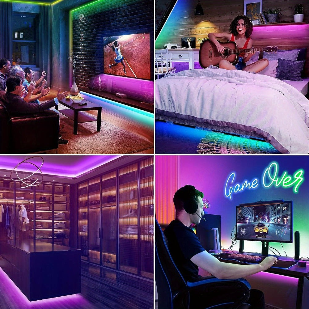 Tira de luz LED neón regulable de 5/10 metros, función, tira de luz neón RGB para juegos con sincronización de música controlada por aplicación, fuente de alimentación estándar europeo, adecuada para uso en interiores, cocina, sala de estar, techo de dorm