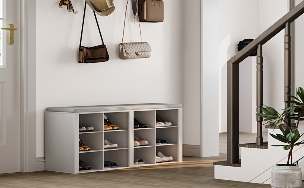 Banco para Zapatos, Estante con Asiento, Banco con Almacenamiento, Cojín, 12 Compartimentos, para Sala, Pasillo, Dormitorio, Blanco-Gris