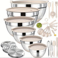 Juego de Tazones para Mezclar de Acero Inoxidable con Cubierta Sellada, Accesorio Rallador, Fondo Antideslizante - 26 piezas Tamaños 5QT, 4.5QT, 3QT, 2.5QT, 2QT, 1.5QT - Ideal para Mezclar y Servir