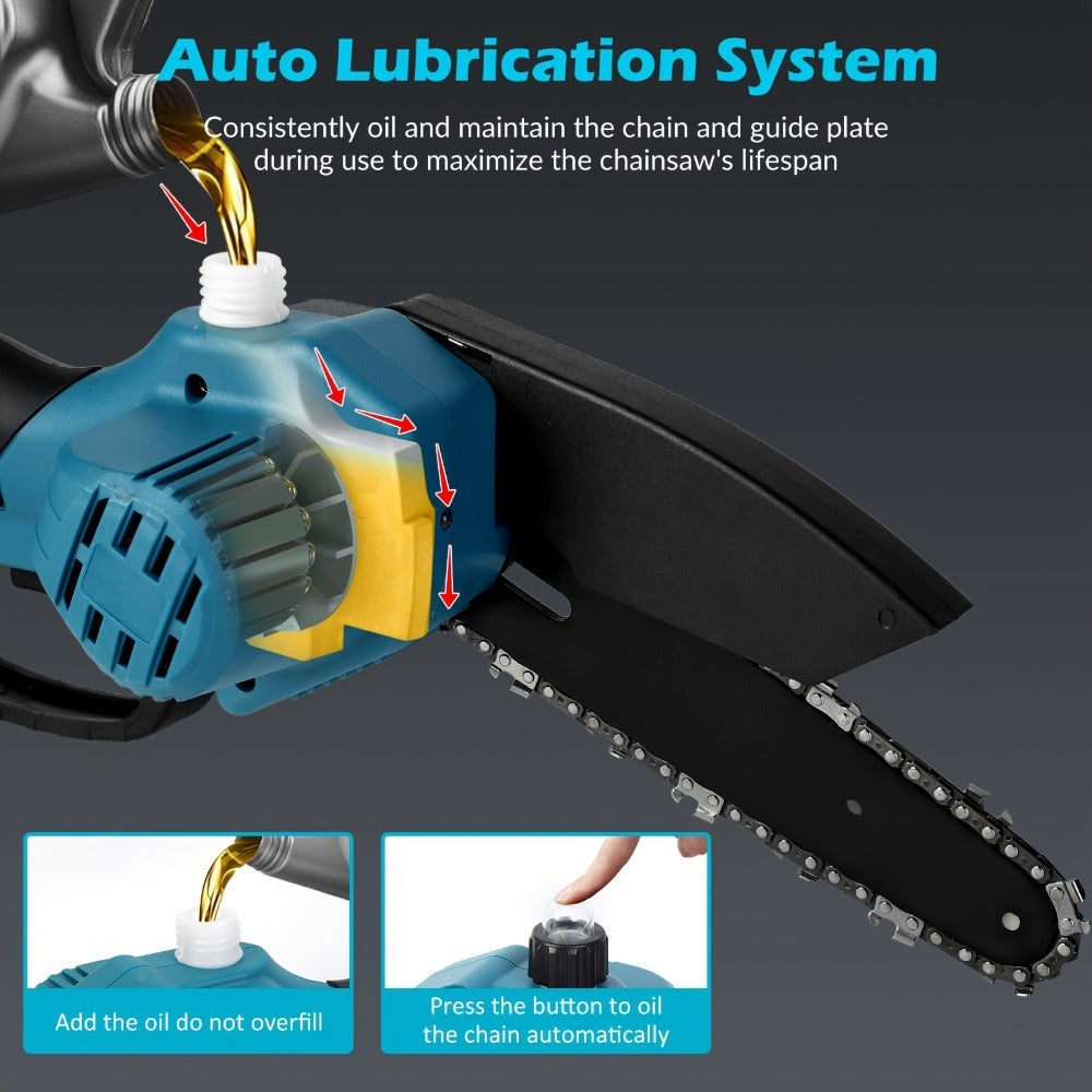 Motosierra Mini de 6 pulgadas Jemi Tool con Sistema de Lubricación Automática, Equipada con una Batería de 1/2 * 1.5Ah y una Cadena de 1/2, Ideal para Cortar Madera, Recortar Ramas y Podar Jardines