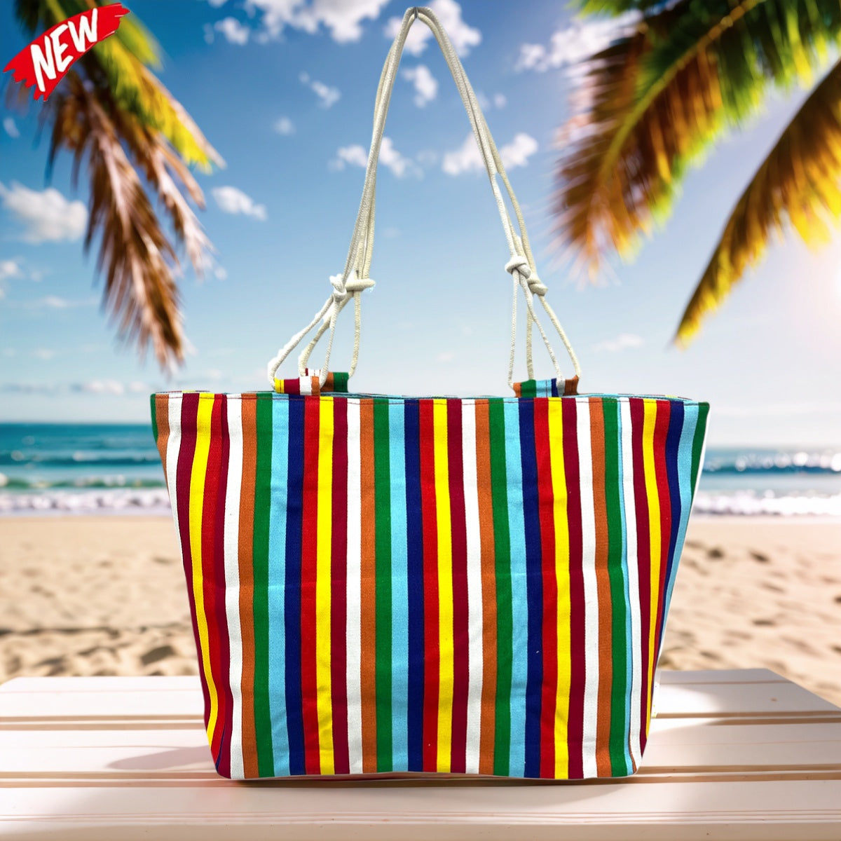 TOTE BAG Grande Rayas Multicolor – BOLSO DE PLAYA de Lona con Asas de Cuerda, Capacidad Extra, 6 Colores Disponibles