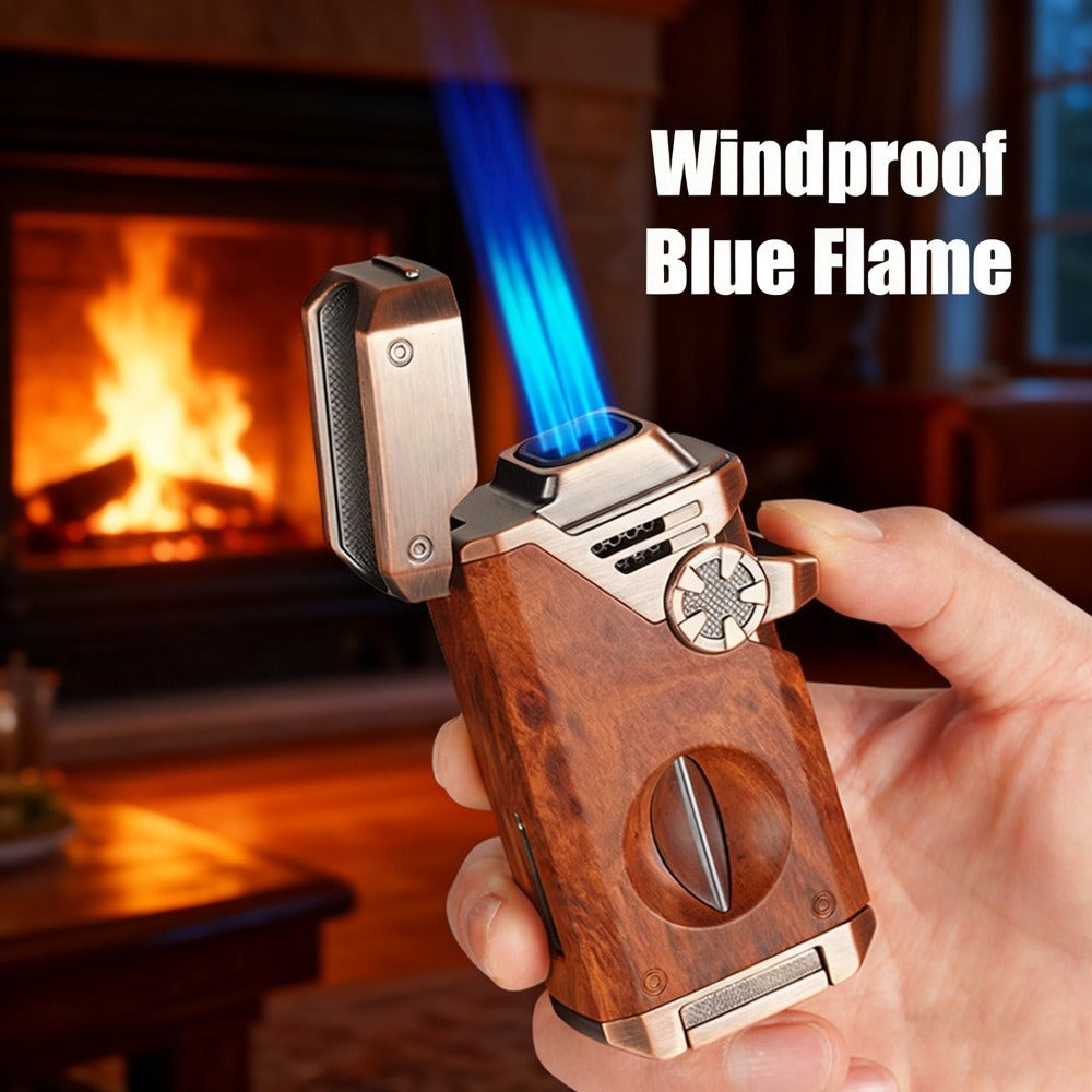 Encendedor metálico 5 en 1, encendedor de butano recargable a prueba de viento con cuádruple chorro de llama azul, incluye cortador en V, punzón, tenedor antiescaldaduras y soporte para tapa, hecho de aleación de zinc para una mejor experiencia con velas,