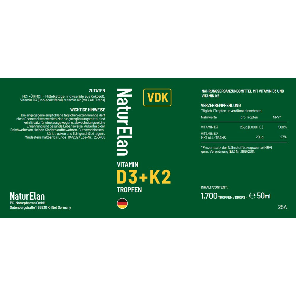 Gotas de Vitamina D3 K2 de Dosis Alta - 50 ml, 1000 IU de Vitamina D3 por Día por Gotita, Dosis Alta - Vegana, Sin Aditivos, Producido en Alemania.