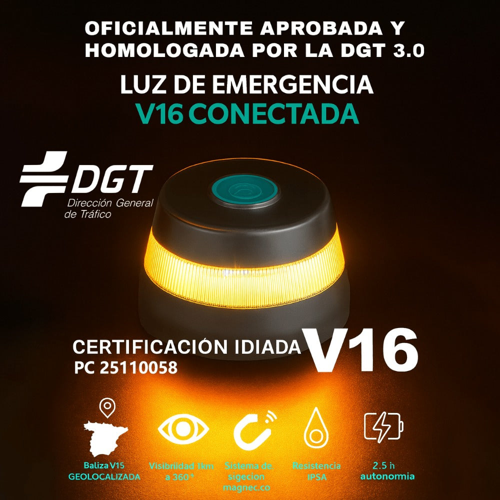 Baliza Luz de emergencia V16 homologada dgt con geolocalización español Conectada a DGT 3.0 con Geolocalización PC25110058, Conectada a DGT 3.0 con Geolocalización, Luz Señal Emergencia para Coche,Datos Incluidos hasta 2038
