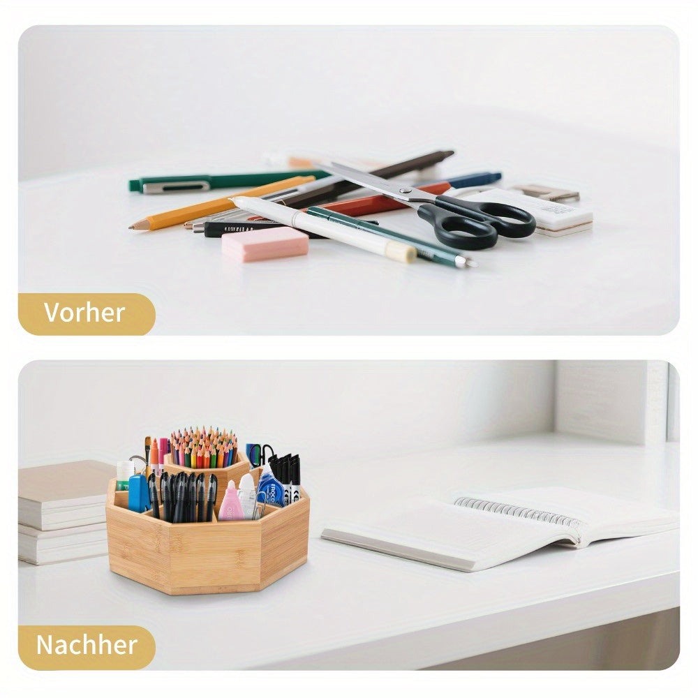 Organizador Giratorio Grande de Bambú con Base Giratoria de 360° y 8 Compartimentos - Capacidad para Más de 300 Bolígrafos, Lápices, Marcadores, Pinceles - Bambú Resistente con Divisor Extraíble para Artistas, Estudiantes, Oficina - Organizador Ahorrador
