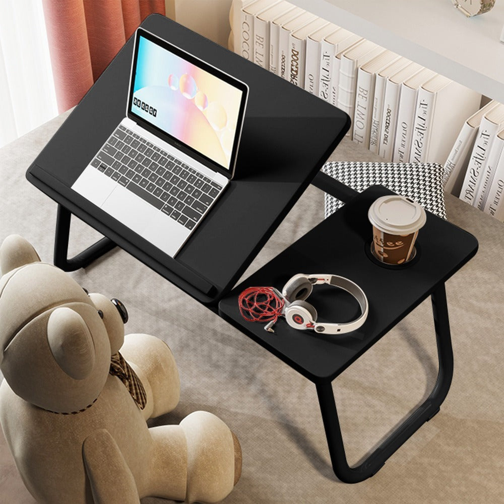 Mesa plegable para cama y sofá con altura ajustable de 5 niveles, bandeja con superficie ajustable y portavasos, mesa pequeña multifunción para ordenador, libros, trabajo y estudio en casa (56x32x25cm)
