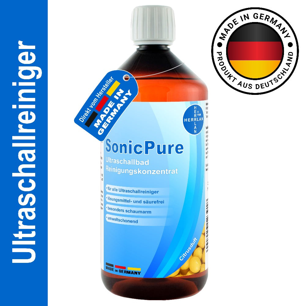 HERRLAN® SonicPure Concentrado de Limpieza Ultrasónica 1000 ml - Concentrado Líquido para Limpiadores Ultrasónicos y Estuche de Gafas - Hecho en Alemania