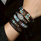 24 Piezas de Pulseras Retro con Cuentas Turquesa y Madera para Hombres y Mujeres - Cuero Sintético Marrón con Colgantes de Estrella y Pluma, Regalo Ideal para Amigos, Eventos Diarios o Campus