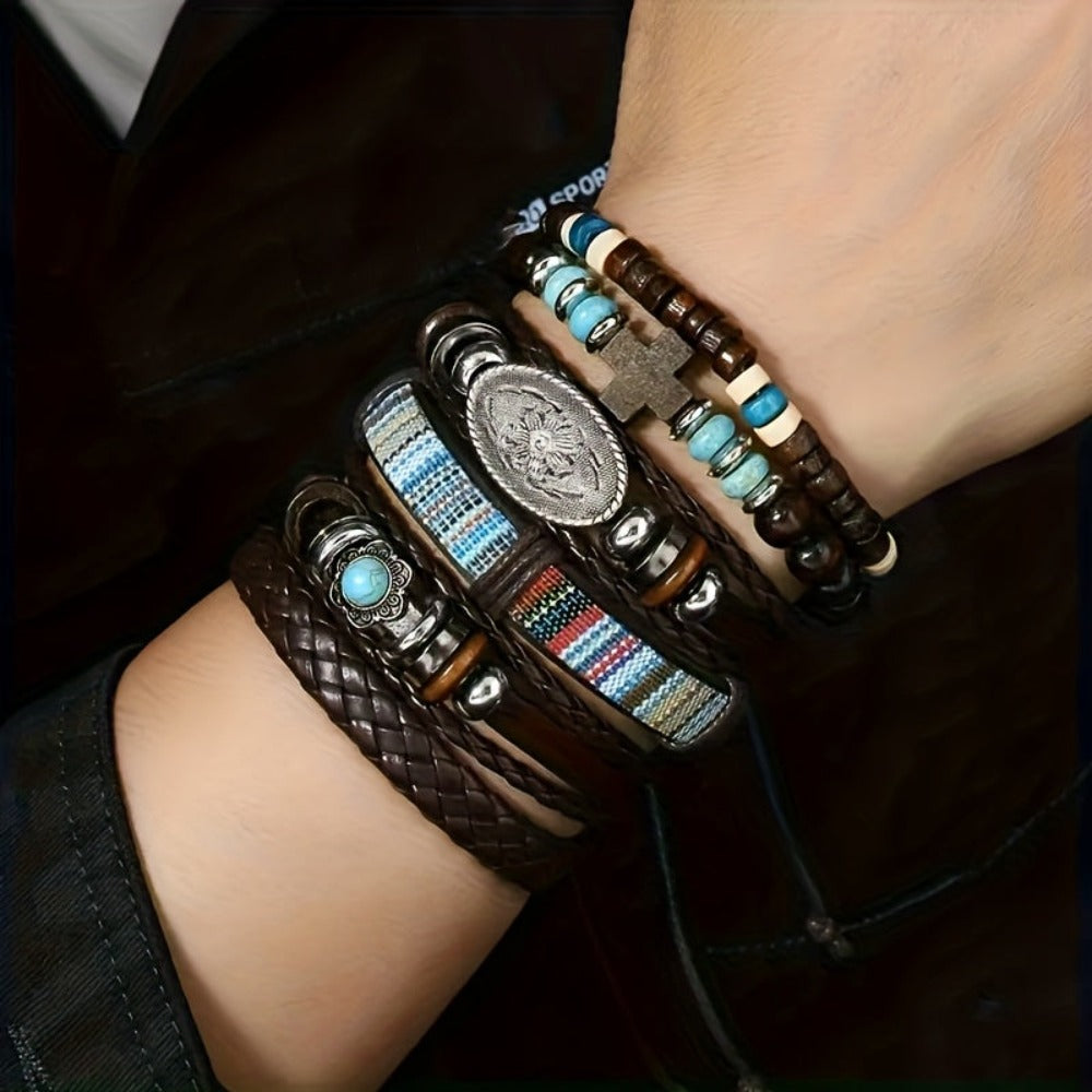 24 Piezas de Pulseras Retro con Cuentas Turquesa y Madera para Hombres y Mujeres - Cuero Sintético Marrón con Colgantes de Estrella y Pluma, Regalo Ideal para Amigos, Eventos Diarios o Campus