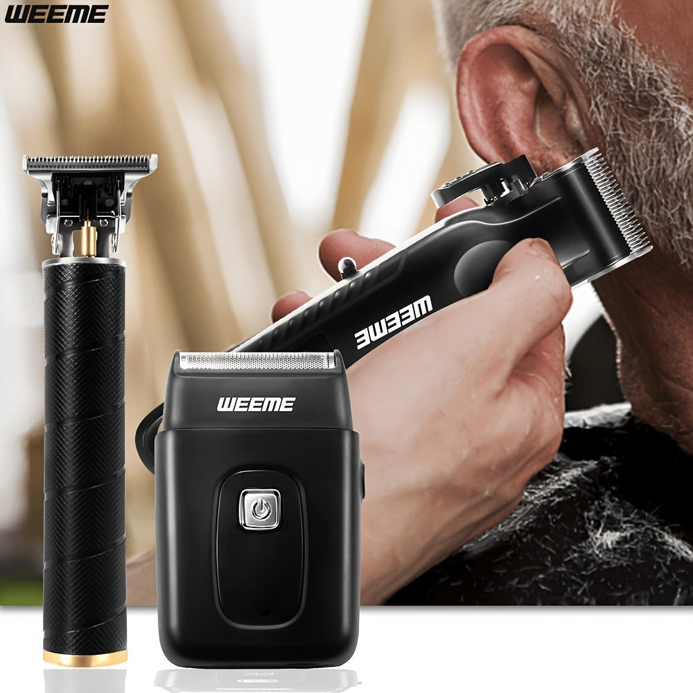 Kit de aseo eléctrico WEEME para hombre, , 3 piezas - Cortapelos + Recortador de barba + Máquina de afeitar eléctrica, carga USB, pantalla LCD de nivel de batería, ideal para peinado/afeitado/esculpir, uso en casa y viajes familiares en coche, regalo del