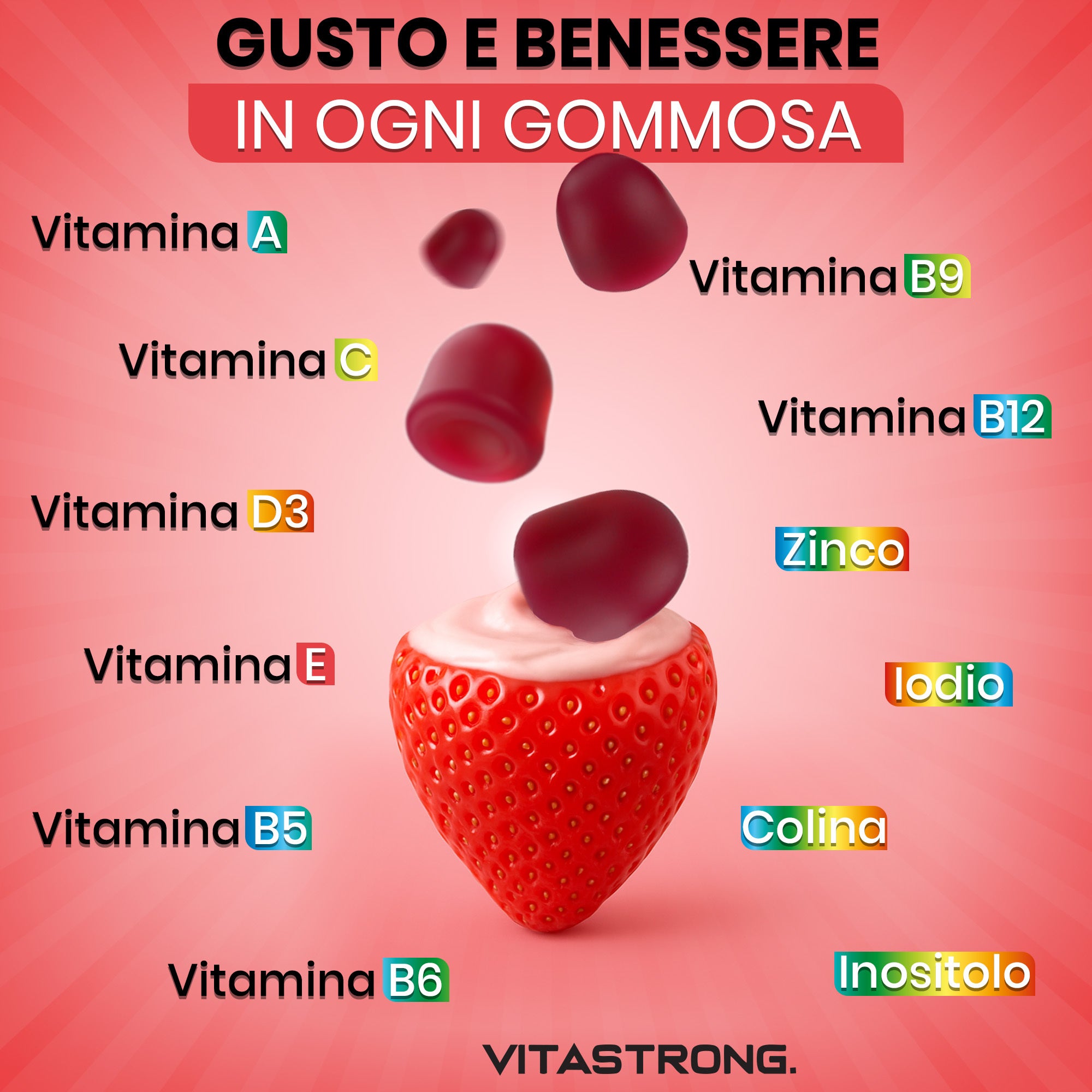 Gomitas multivitamínicas Vitastrong, 120 gomitas, 13 vitaminas y minerales, suplemento dietético para adultos, fórmula 100 % vegana, sin gluten, sin lactosa, sin sacarosa